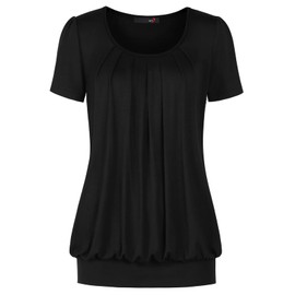 DJT Women's Short Sleeve Pleated Front Blouse Tunic Top Large Solid-Black