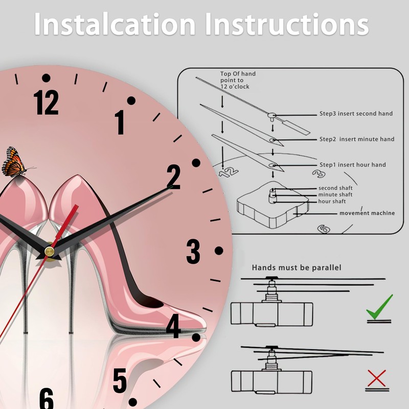 SPUNKER Clock for Bedroom,Pink High Heel Shoes Wall Clocks,Butterfly Battery
