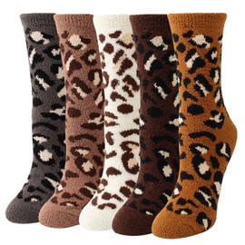 WBZOTSS Fun Cute Dog Cat Fuzzy Socks for Womens Winter Fluffy Warm Cozy Slipper Socks Holiday Gifts for Dog and Cat Lover﻿ (US, Alpha, One Size, Regular, Regular, 5 pairs leopard)