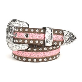 ARIAT Youth Girls Floral Lace Inset Studded Belt, Brown/Pink, 20