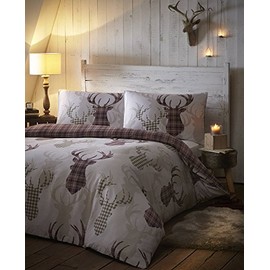 De Cama Tartan Check Stag Single Duvet Quilt Cover Bedding Set Natural & Brown, Cotton and Polyester, Single