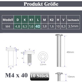 Pack of 10 connecting screws, M4 x 40 mm, stainless steel A2 V2A, furniture screws, sleeve nut, furniture connectors, cabinet connectors, suitable for connecting wooden boards