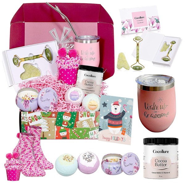 Christmas Gifts for Women, Birthday Gifts Basket for Friends Gifts for Her Girlfriend Sister Mom Unique Holiday Gifts Box Jade Roller Bath Bombs Candle Tumbler Cocoa Butter Cozy Socks