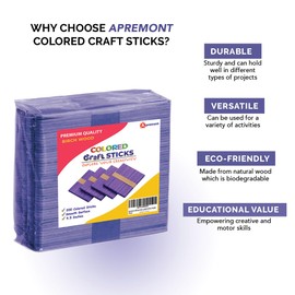 Apremont 200 pcs Purple Colored Wooden Craft Sticks, Popsicle Stick, Arts and Crafts, Best for DIY Games Making, Building Designs or Kids Education, 4.5 inch Long (4.5 Inches, Purple)
