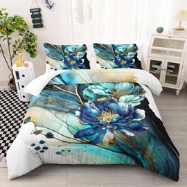 AILONEN 3D Flowers Comforter Set Queen Size, Blue Flowers Bedding Set for Girls Women,Marble Style Bed in a Bag,Watercolor Blue Duvet Set,1 Quilt and 2 Pillow Case,3 Piece