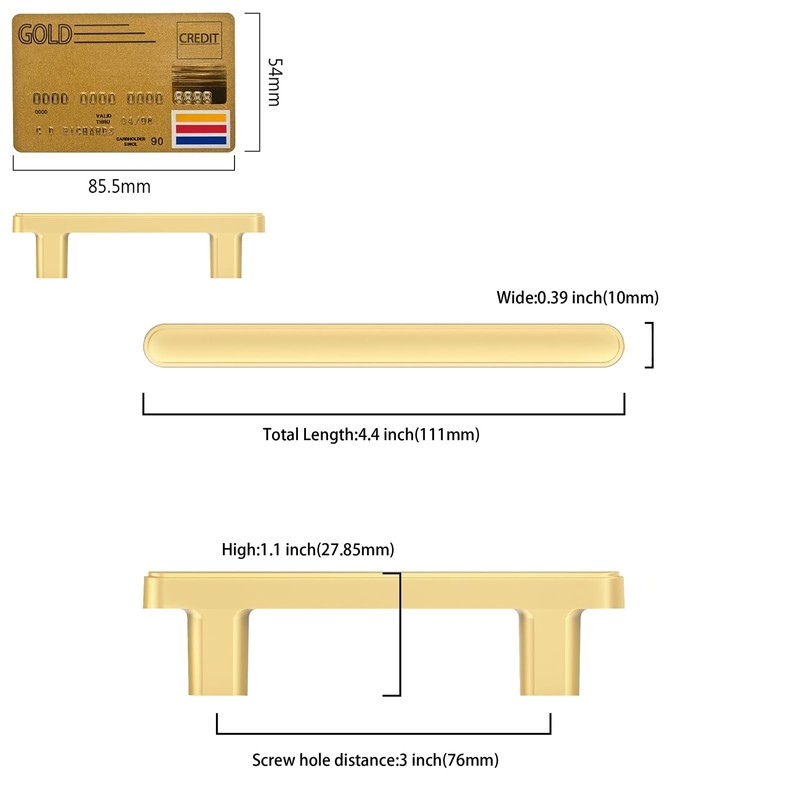 Amerdeco 10 Pack Brushed Gold Cabinet Pulls 3 Inch(76mm) Hole