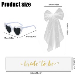 JazRvr Bride To Be Deco 3 Piece Bridal Outfit for Stag Night Wedding Party Beaded Heart Sunglasses, Veil and Sash 19 x 40 cm