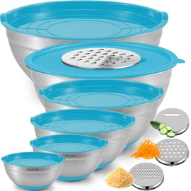 Priority Chef 6Pc Large Mixing Bowls With Lids Set with Non-Slip Bases, Stainless Steel Mixing Bowl Set, 6 Airtight Lids and 3 Graters, Turquoise
