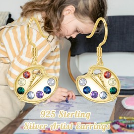 925 Sterling Silver Gold Artist Paint Palette and Brush Earrings - Colorful Painter Dangle Drop Earrings - Jewelry Gifts for Women