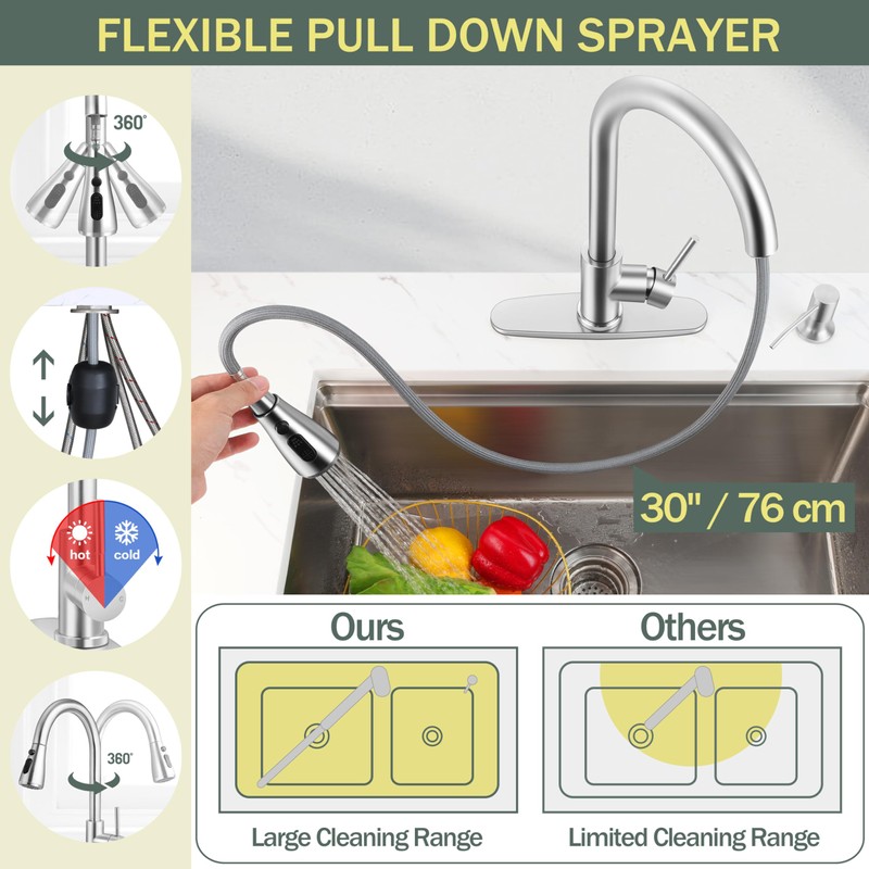 Herogo Brushed Nickel Kitchen Sink Faucet Set with Pull Down
