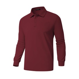Promen polo Men's Classic Long Sleeve Polo Shirts Casual Lightweight Solid Golf Shirts with Pocket Wine Red XL