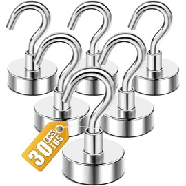 DIYMAG Garage Storage Hooks 6 Pack, 30lbs 2025 Cruise Cabin Ship Essentials N52 Magnetic Hook Heavy Duty Strong Wall Mount Magnets Fridge for Classroom Wall Mount Kitchen Grills Silver