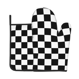 Lukbfall Black White Checkered Print Oven Mitts and Pot Holders 2 Pcs Set Checkerboard Oven Glove and Potholder Suitable for Barbecues Baking Cooking Microwave