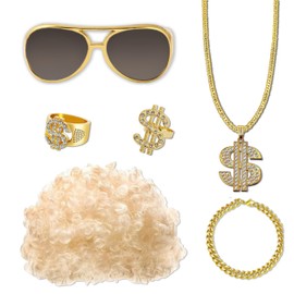 6-Piece 70s Hip Hop Costume Set, Afro Wig, Dollar Necklace, Ring, Sunglasses, Complete Hippie Déguisement for Disco Night