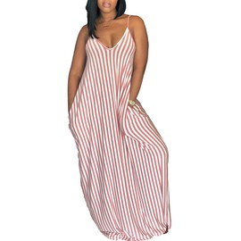 Women's Casual Stripe Long Maxi Dresses with Pockets Spaghetti Strap Sleeveless Loose Beach Sundress