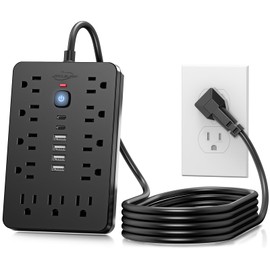 JouleLoom 6 FT Flat Plug Surge Protector Power Strip,11 Multiple AC Outlets with 6 USB Ports (2 USB C), 6 Feet Extension Cord, 1250W/10A, One Touch Switch Button, 17 in 1 Compact powerstrip