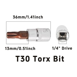 AUXBC 8PCS 1/4" Drive T30 Torx Bit Socket Set, S2 Steel Bits, CR-V Steel Sockets for Use with Ratchet Wrench, Slide Bar, Extension Rod-37mm/1.45” Length