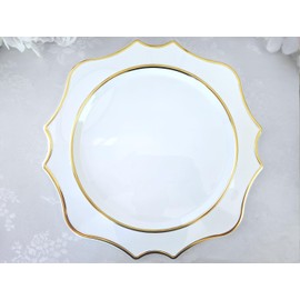 " OCCASIONS " 20 Pieces Round 13.25'' Round Plastic Wedding Chargers, Party Decoration Disposable Charger Plates (Scalloped Imperial White & Gold)