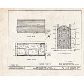 Historic Pictoric : Blueprint South Wing, Roof Plan, Fourth Floor, Southwest Elevation - Governor's House, 149 Kearny Avenue, Perth Amboy, Middlesex County, NJ 14in x 11in