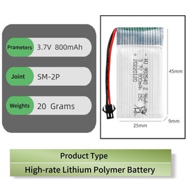 ERYNK 3.7V 800mAh 25C RC Plane Lipo Battery 902540 for FPV UAV Remote Control Aircraft Remote Control UAV Quadcopter Copter.X5C X5SW Drone Battery with SM-2PJoint and USB Charging Cable