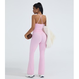 OMKAGI 2 Piece Workout Sets for Women Padded Tank Tops Flare Leggings Pilates Outfits(M,449-Pink)