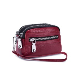 ミニ財布 レディース メンズ 人気 小銭入れ 本革 革 レザー ジッパー付き コンパクト 小さい ミニウォレット ポーチ (レッド)