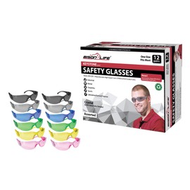 BISON LIFE Keystone Series Safety Glasses | One Size, Protective Polycarbonate Lens, Full Color, 2 Pairs Each of Blue, Black, Yellow, Green, Pink, and Grey (12 pairs in 1 box)
