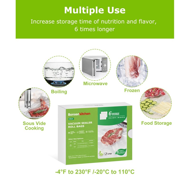 Bonsenkitchen 6 Rolls 8" x 16' Vacuum Sealer Bags for