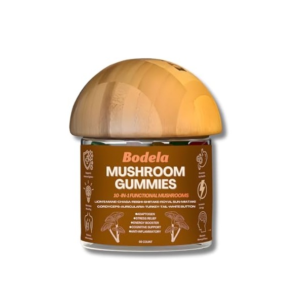 Bodela Functional Mushroom Gummies 10-in-1 Supplement w/Lion’s Mane, Reishi, Chaga,