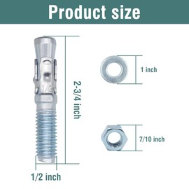 Napredak 1/2" x2-3/4 Wedge Anchor for Concrete, Heavy Duty Anchor Bolts, Carbon Steel Zinc Plated Expansion Bolt Fastener for High Strength Concrete Bricks/Blocks, Natural Stone, 20PCS