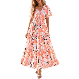 KIRUNDO Womens Summer Boho Floral Maxi Dress Flutter Short Sleeve V Neck Ruffle Tiered Flowy Beach Wedding Guest Dresses(Orange, Medium)
