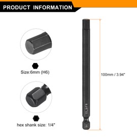 sourcing map Hex Head Wrench Drill Bit 6mm(H6) Metric 1/4" Hex Shank 4"(100mm) Length S3 Steel Magnetic Impact Drivers Screwdriver Bit Industrial Grade Hexagon Electric Drill Bits