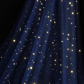 SHAYUAN 54" x 8 Yards Glitter Tulle Fabric Rolls Golden Stars and Moon Tulle Rolls for DIY Tutu Dress Table Runner Skirt Crafts Sheer Wedding Backdrop Stage Decoration-Navy Blue