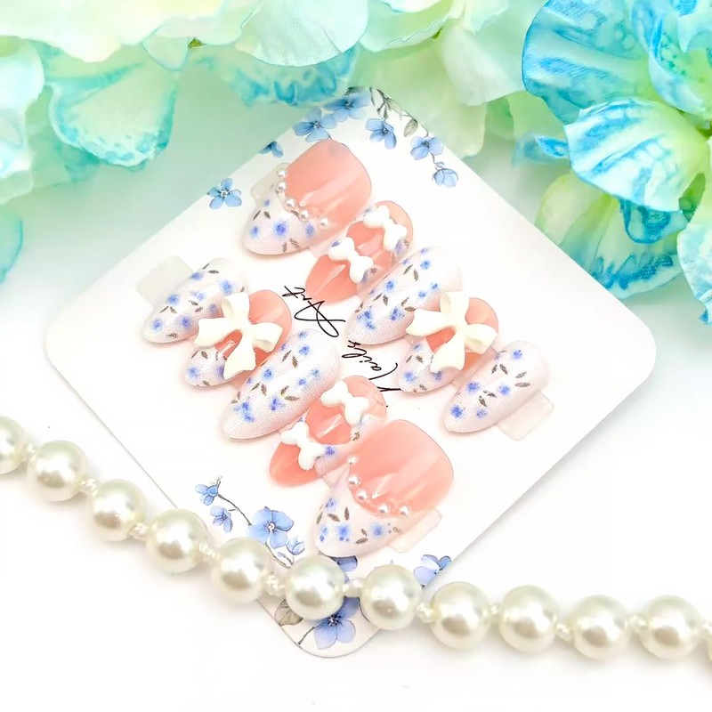 30Pcs Bow Press on Nails Short Almond Fake Nails Blue