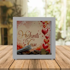 Waterfall Rising Hearts - Wedding Cash Register Frame Wooden Money Box with Romantic Illustration Dreamy Background and Delicate Tones in Pink, Red and Gold