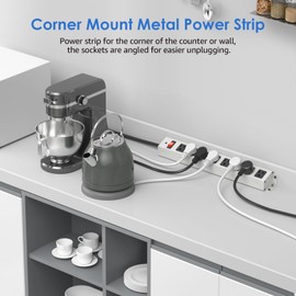 CCCEI Corner Mount Angle Power Strip, Under Cabinet Heavy Duty 8 Outlets Power Strip, Metal Underneath Desk Plug Surge Protector, Wall Mountable, for Garage, Shop, Kitchen, 6FT Extension Cord, Grey.