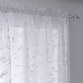 Sheer Curtains White 45 Inches Long Floral Embroidery Rod Pocket Voile Drapes for Living room, Bedroom, Window Treatments Semi Lace Outdoor Curtain Panels for Yard, Kitchen, Villa, Set of 2, 52"x 45".