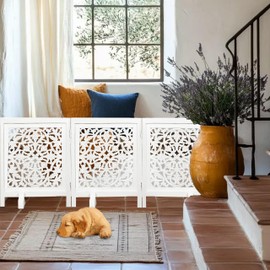 Woodify Decorative Freestanding Dog Gate – 60"x24" Folding 3 - Panel (Each Panel - 20") Wooden Pet Gate, Daisy Design, White Antique Finish, Indoor Dog Fence for Doorways, Hallways, Stairs Home Use