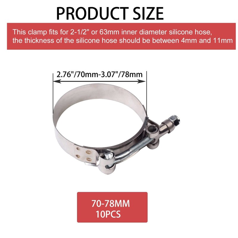 10PCS 70mm - 78mm Stainless Steel T-Bolt Clamps Turbo Intake