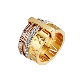 PAMTIER Women's Stainless Steel with Zirconia Roman Numerals 3 in 1 Ring Rose + Gold Mix Size 9.75