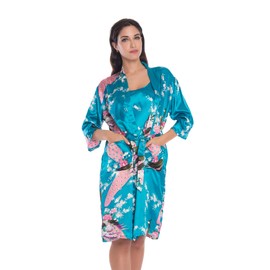 Women's Satin Nightgown with Robes Set 2 Piece Floral Sleepwear Sexy Slip Gown Pajamas Set Silky Nightwear, Sea Blue X-Large