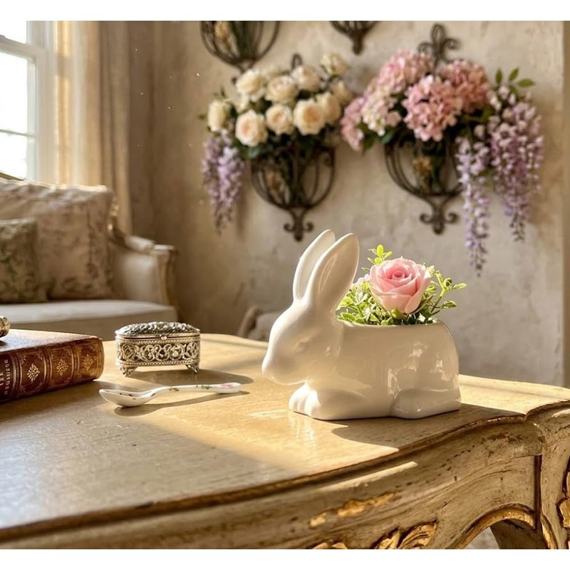 Napco Rabbit Shaped Ceramic Planter/Cache Pot, Small, White