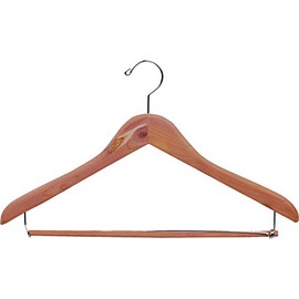 Unfinished Natural Red Cedar Wood Suit Hanger with Locking Bar in 17" Length X 7/16" Thick with Semi-Curved Body and Chrome Hardware, Box of 12