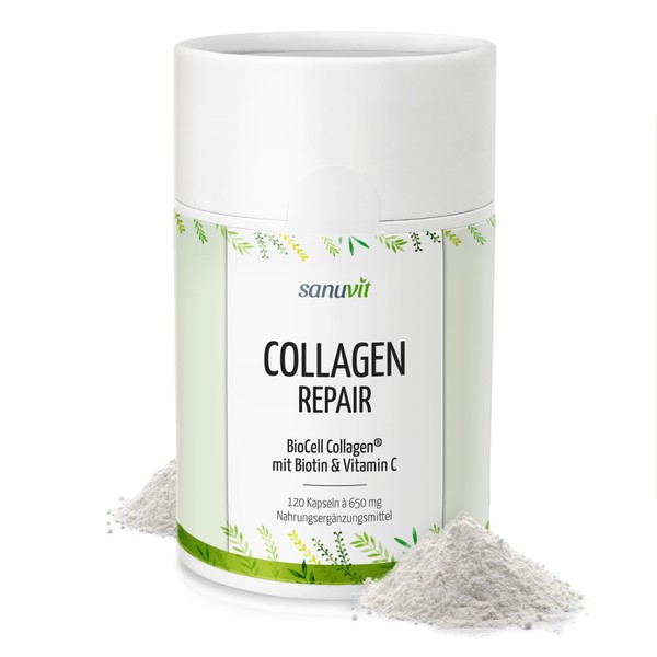 Sanuvit® - Collagen Repair with 500 mg BioCell Collagen® per capsule | High Dose | Collagen Type II Peptides | High Bioavailability and Compatibility | Made in Austria | 120 Capsules