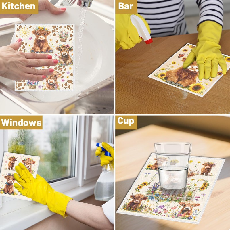 InIsaJace Swedish Dishcloths for Kitchen, 6PCS Floral Highland Cow Swedish
