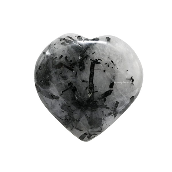Black Rutilated Quartz Crystal Heart Palm Stone - Pocket Massage Worry Stone for Natural Body Chakra Balancing, Reiki Healing and Crystal Grid