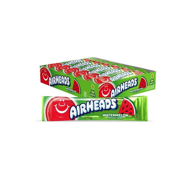 Airheads Candy, Watermelon Flavor, Individually Wrapped Full Size Bars, Taffy, Non Melting, Party, Pack of 36 Bars