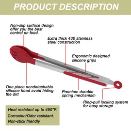 uxcell Kitchen Tongs for Cooking with Silicone Round Tip Stainless Steel Tongs Toaster Salad Serving BBQ Non-stick Locking Tong 12"