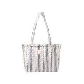 MSGHER Floral Quilted Tote Bag with Zipper Lightweight Reusable for Women Cotton Shoulder Bag for Travel Shopping Daily Use (White Patchwork)