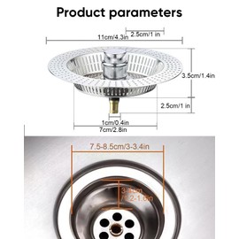 Drain Plug and Drain Strainer Kitchen Sink, 3-in-1 Pop-Up Floor Drain Filter Made of Stainless Steel for Standard Drains, Ideal Protective Devices for the Kitchen Sink, Silver